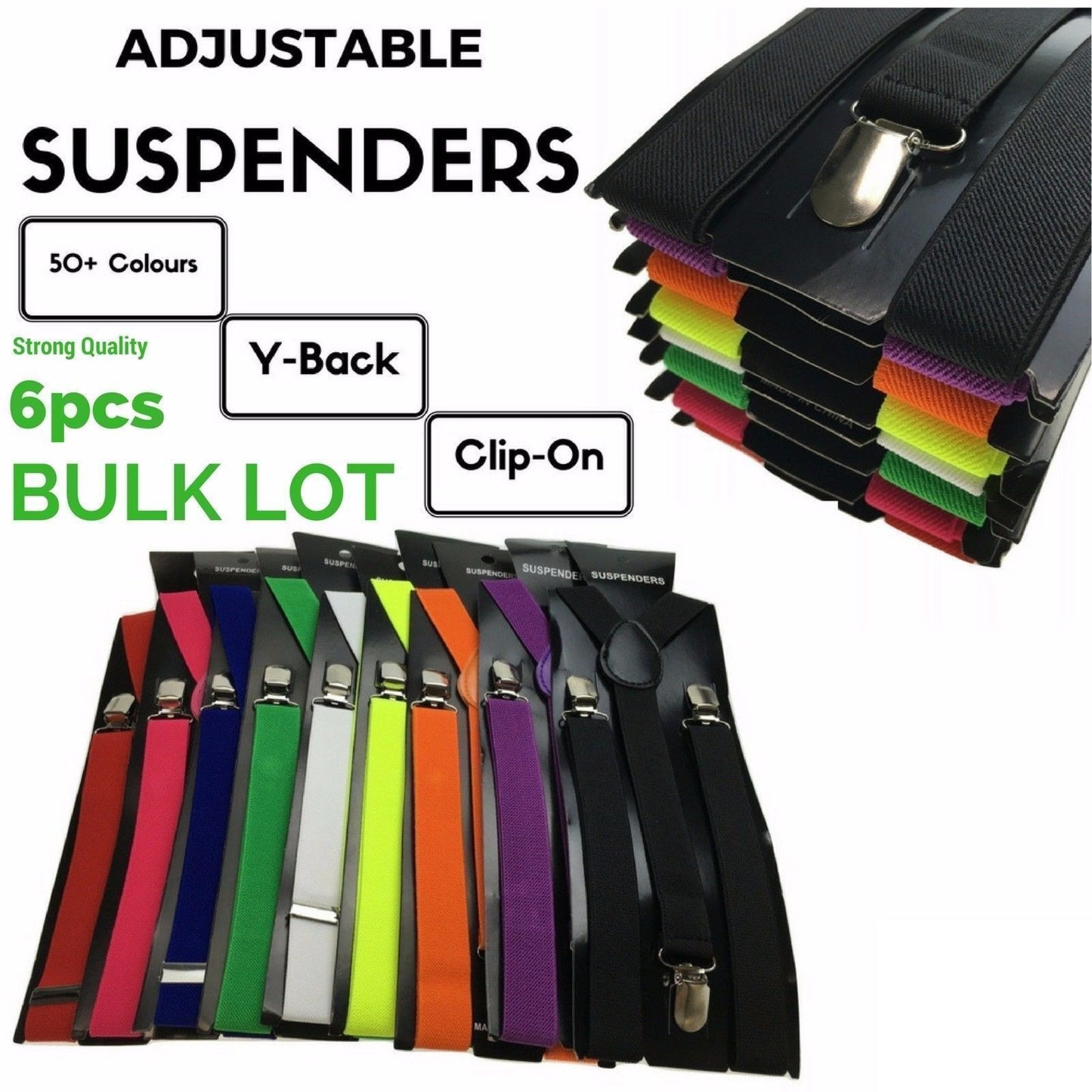 6x Mens Suspenders Braces Adjustable Strong Clip On Elastic Formal Wedding BULK - Assorted Colour Pack