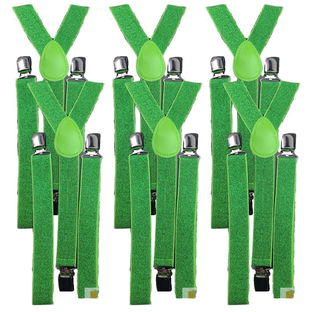 6x Mens Suspenders Braces Adjustable Strong Clip On Elastic Formal Wedding BULK - Green (Glitter)