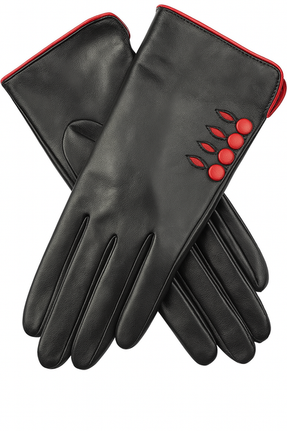 Dents Womens Leather Gloves w/ Button Detail Piped Cuff & Silk Feel Lining - Black/Berry - Medium