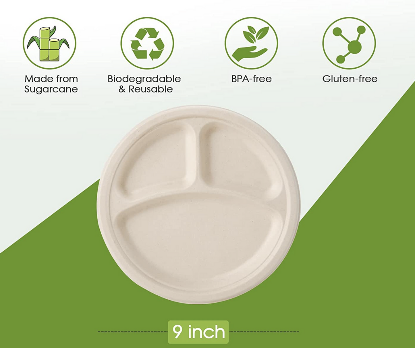 600pcs Disposable Sugarcane Bagasse 3-Compartment Paper Plates Eco 23cm (9") Bulk