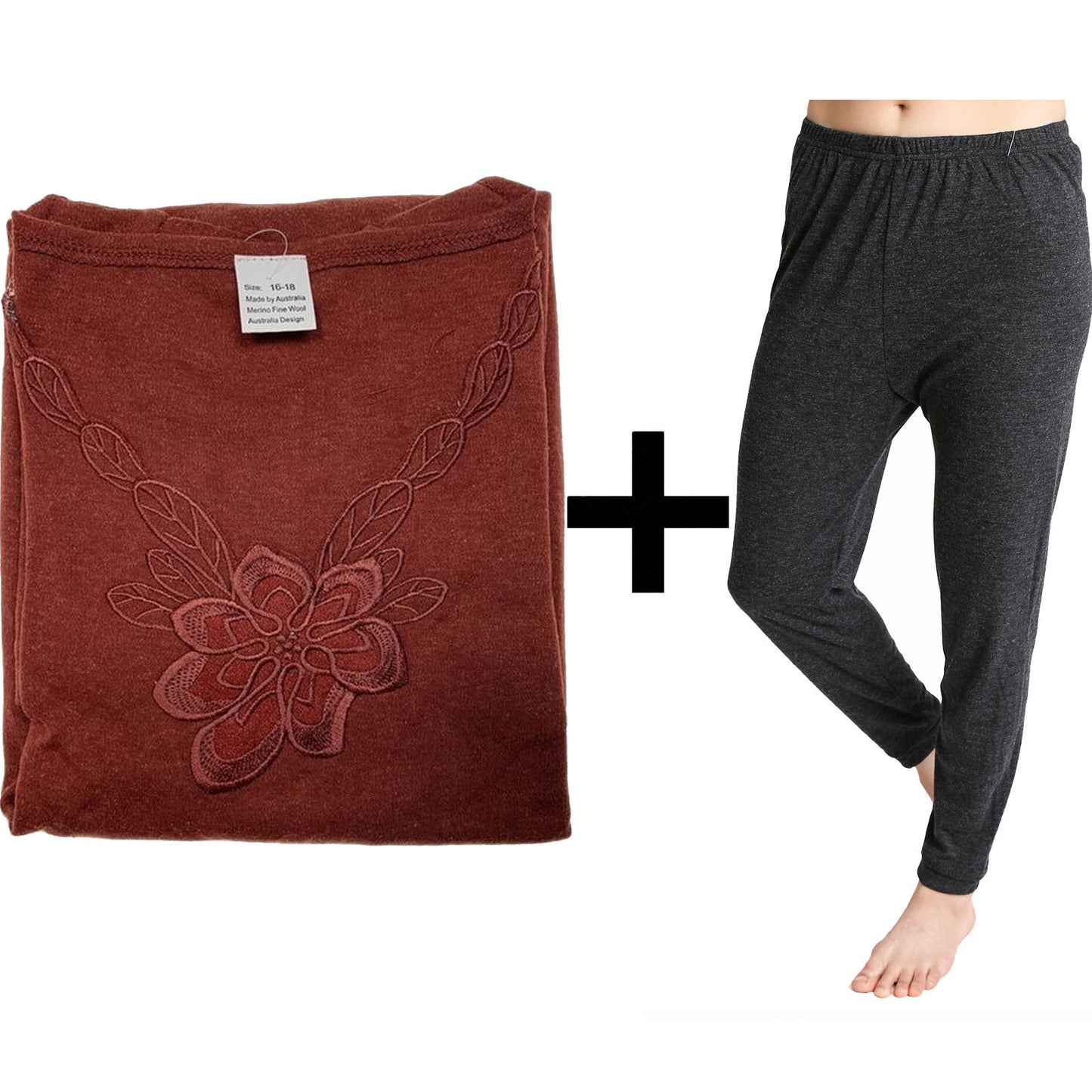 2pcs Set Womens Merino Wool Blend Pants & Top Underwear Leggings Thermal Thermals - Burgundy Top & Black Pants - 10-12