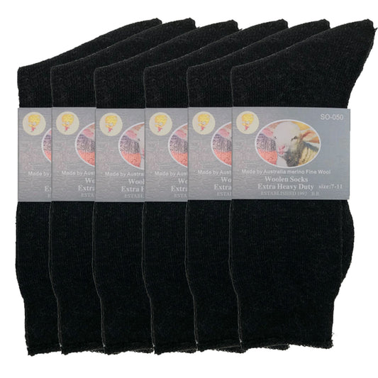 6 Pairs Merino Wool Blend Woolen Work Socks Hiking Heavy Duty Warm Thermal Bulk - Black - 7-11