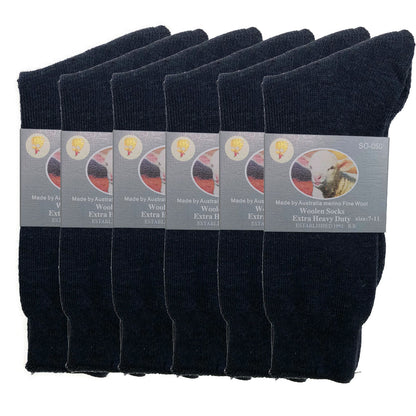 6 Pairs Merino Wool Blend Woolen Work Socks Hiking Heavy Duty Warm Thermal Bulk - Navy - 7-11