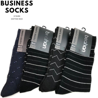 2 Pairs COTTON BUSINESS SOCKS Mens Dress Crew Plain Work Casual - Assorted - 6-11