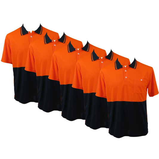 5x HI VIS Polo Shirt Top Tee Safety Workwear Short Sleeve Breathable Mesh BULK - Orange/Navy - S (14)