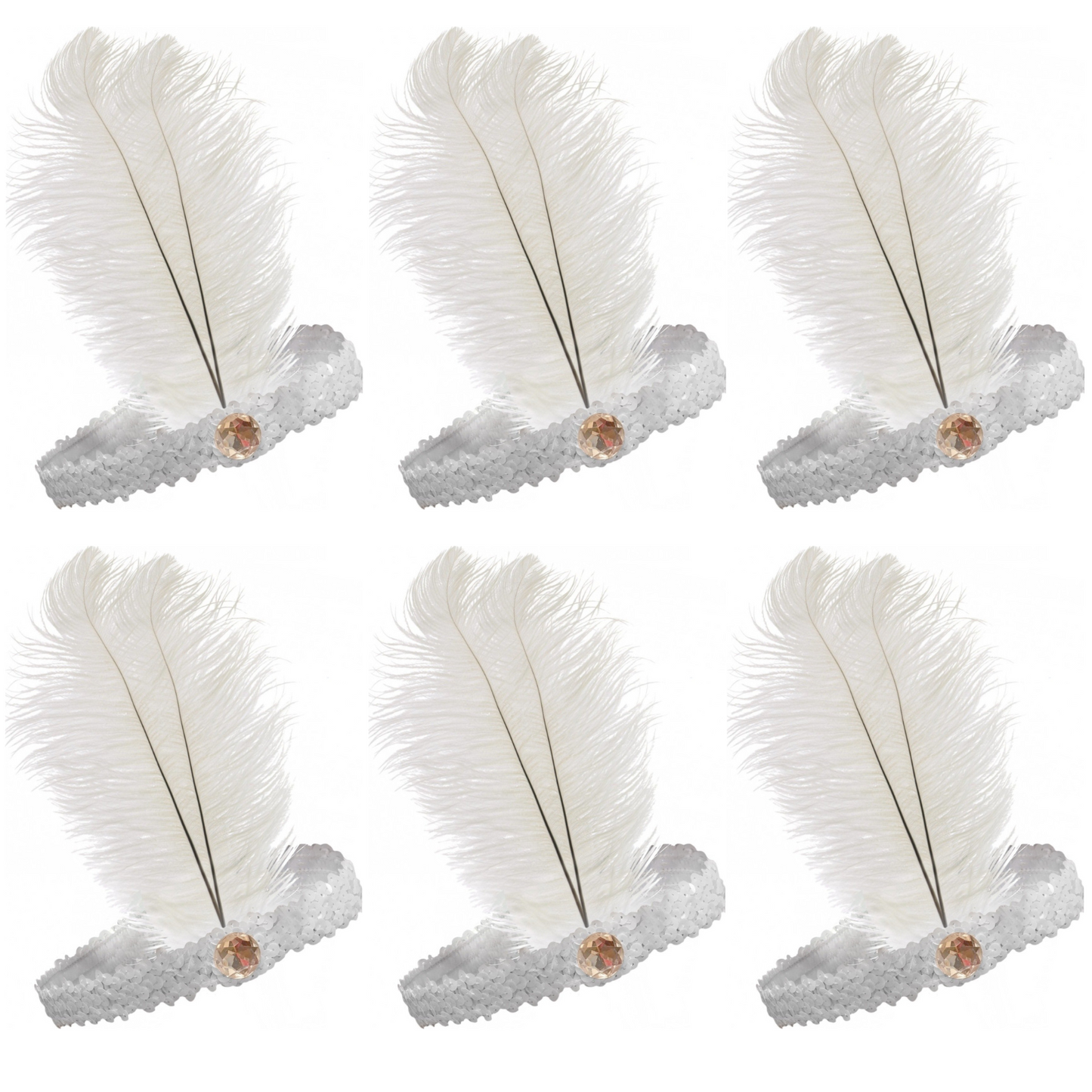 6x 1920s FLAPPER HEADBAND Headpiece Feather Sequin Charleston Costume Party BULK - White