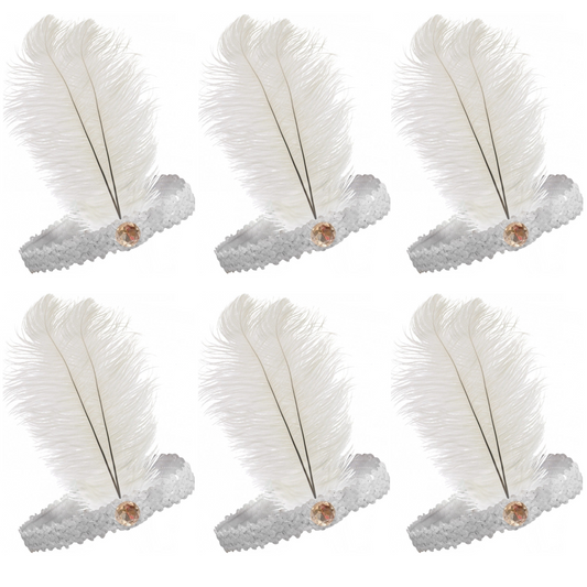 6x 1920s FLAPPER HEADBAND Headpiece Feather Sequin Charleston Costume Party BULK - White