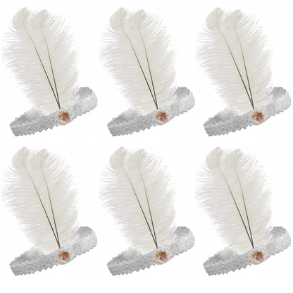 6x 1920s FLAPPER HEADBAND Headpiece Feather Sequin Charleston Costume Party BULK - White