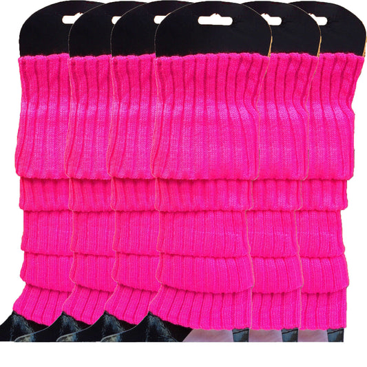 6x Womens Leg Warmers Disco Winter Knit Dance Party Crochet Legging Socks Costume - Hot Pink
