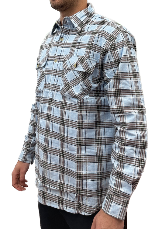 Mens Flannelette Long Sleeve Pullover Shirt 100% Cotton Flannel - Half Placket - Sky Blue/Grey Check - M