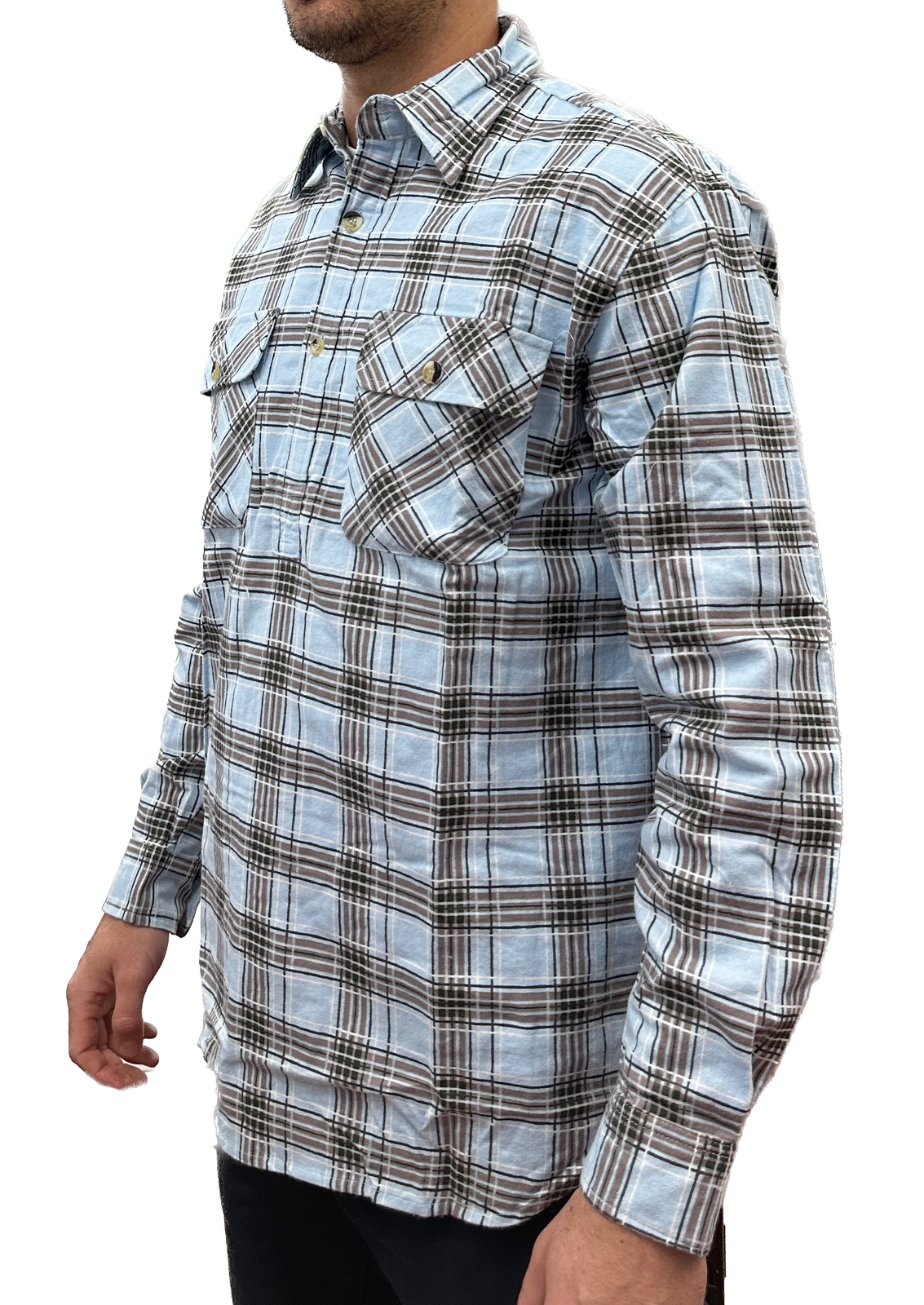 Mens Flannelette Long Sleeve Pullover Shirt 100% Cotton Flannel - Half Placket - Sky Blue/Grey Check - M