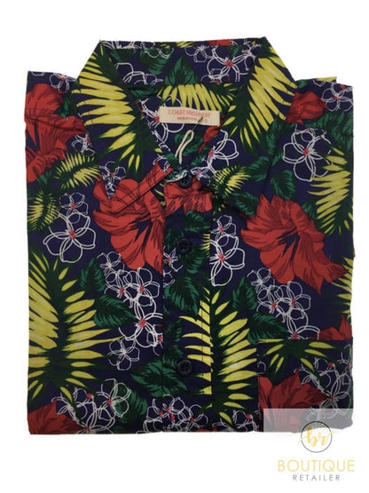 Mens Oahu Hawaiian Party Shirt Button Hippie Tops Short Sleeve Beach Holiday - Hibiscus Flower (1421) - S