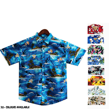 Mens Oahu Hawaiian Party Shirt Button Hippie Tops Short Sleeve Beach Holiday - Hibiscus Flower (1421) - S