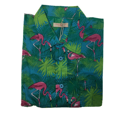 Mens Oahu Hawaiian Party Shirt Button Hippie Tops Short Sleeve Beach Holiday - Palm Flamingo (1428) - S