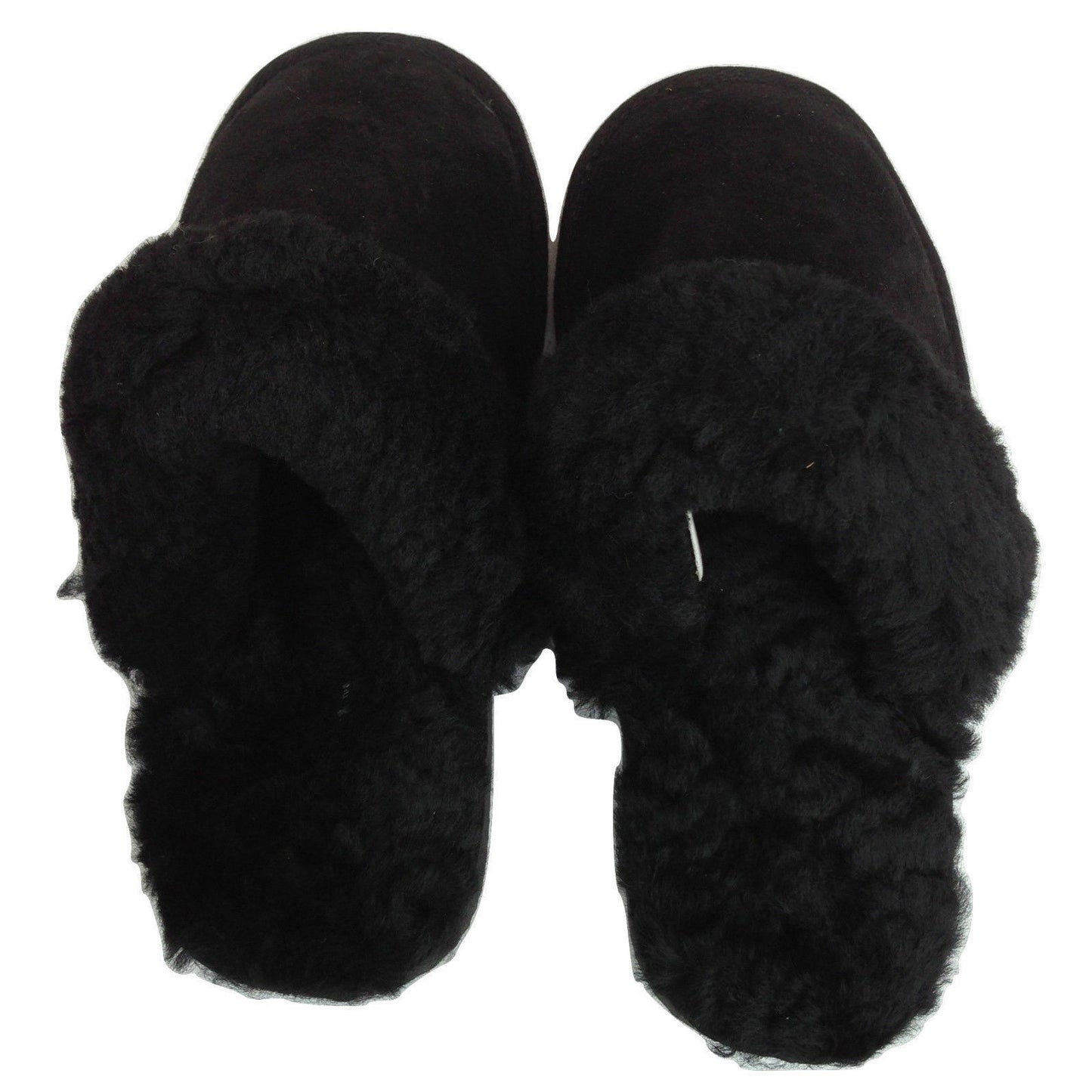 100% Sheepskin Moccasin Slippers Winter Genuine Scuffs Slip On Mens Womens - Black (with fur) - 7