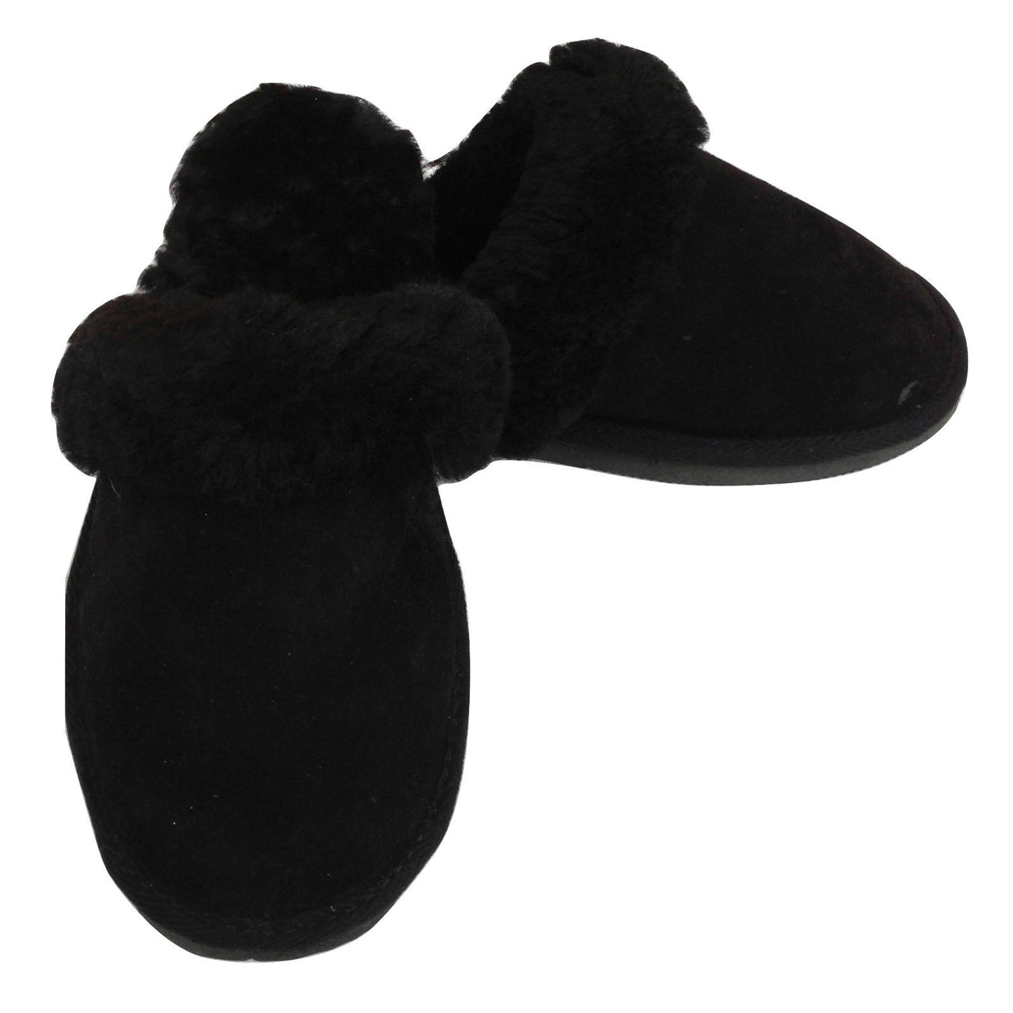 100% Sheepskin Moccasin Slippers Winter Genuine Scuffs Slip On Mens Womens - Black (with fur) - 8