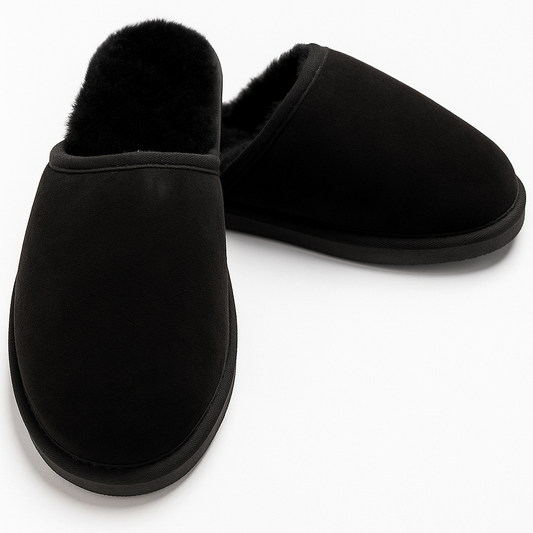 100% Sheepskin Moccasin Slippers Winter Genuine Scuffs Slip On Mens Womens - Black (without fur) - 9