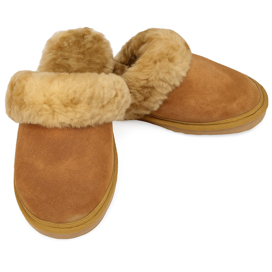 100% Sheepskin Moccasin Slippers Winter Genuine Scuffs Slip On Mens Womens - Chestnut (with fur) - 5