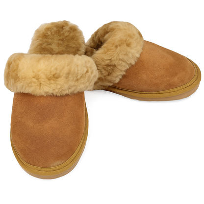 100% Sheepskin Moccasin Slippers Winter Genuine Scuffs Slip On Mens Womens - Chestnut (with fur) - 5
