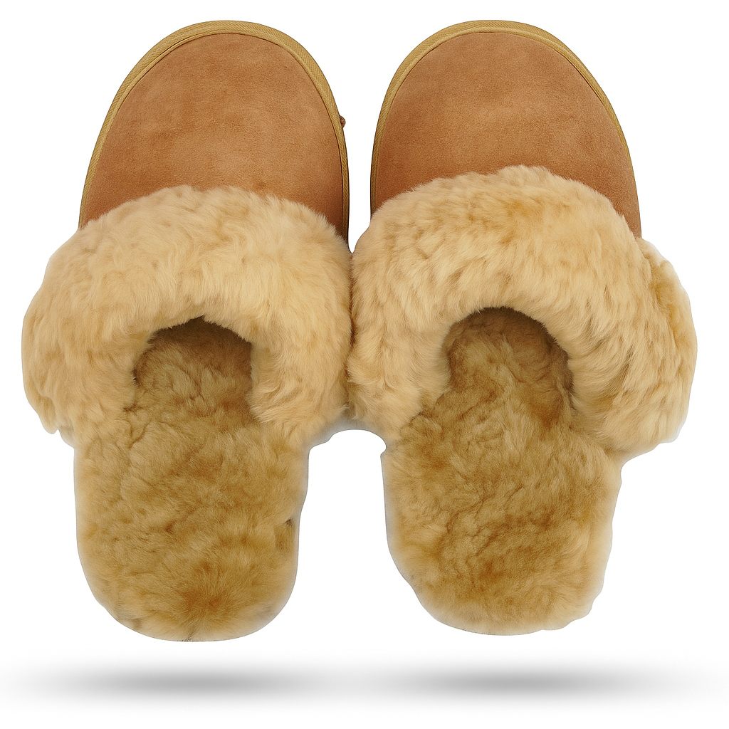 100% Sheepskin Moccasin Slippers Winter Genuine Scuffs Slip On Mens Womens - Chestnut (with fur) - 5