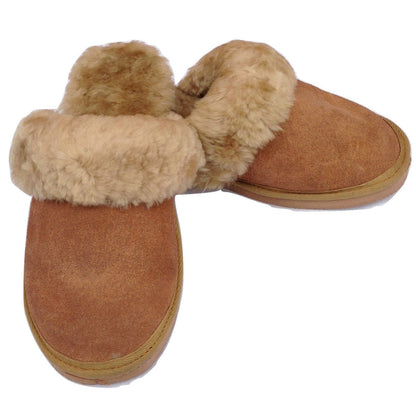 100% Sheepskin Moccasin Slippers Winter Genuine Scuffs Slip On Mens Womens - Chestnut (with fur) - 8