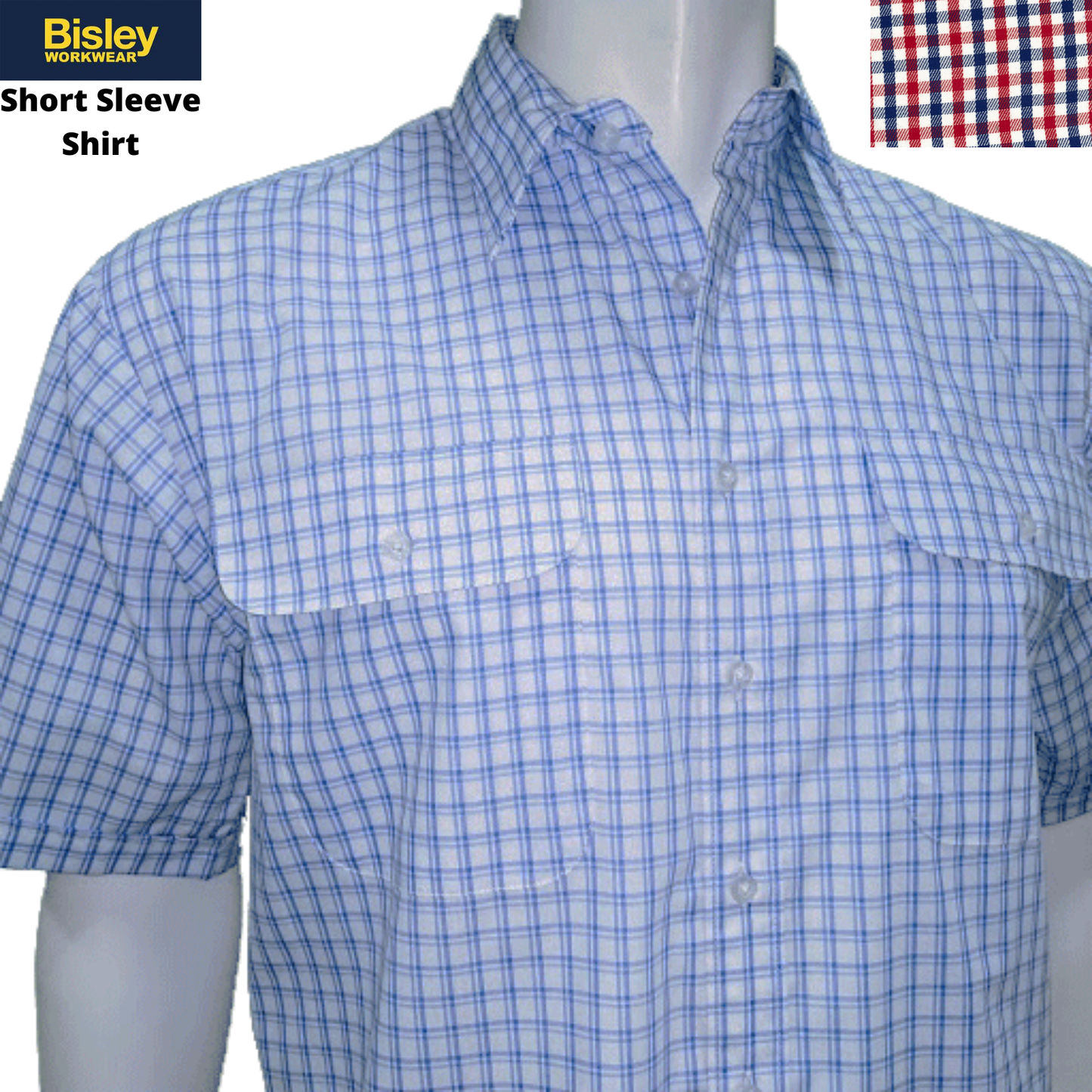 Bisley Mens Short Sleeve Check Shirt Checkered 100% Cotton Casual Business Work - Red - M