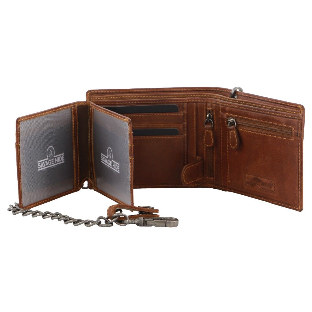 Billy The Kid Mens Leather Wallet Western with Detachable Chain in Gift Box in Cognac