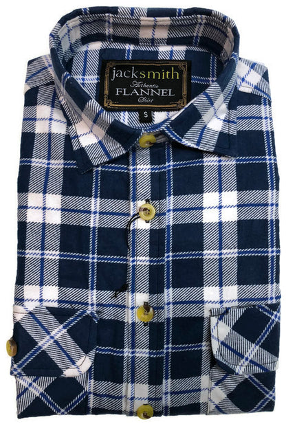 Mens Flannelette Shirt 100% Cotton Check Authentic Flannel Long Sleeve Vintage - White/Blue Denim - S