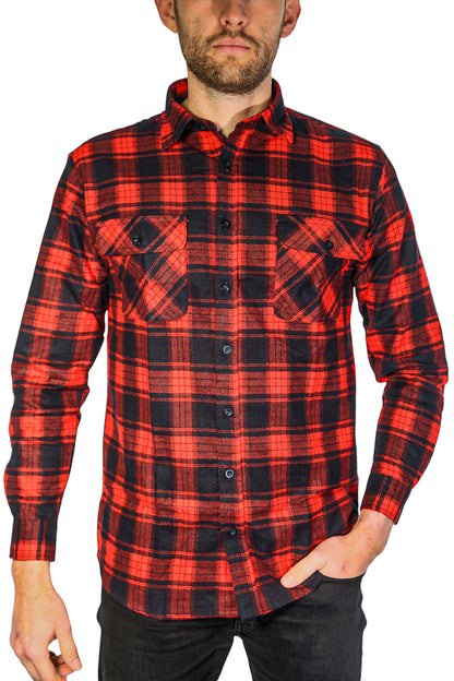 Mens Flannelette Long Sleeve Shirt 100% Cotton Check Authentic Flannel - Full Placket - Red - M