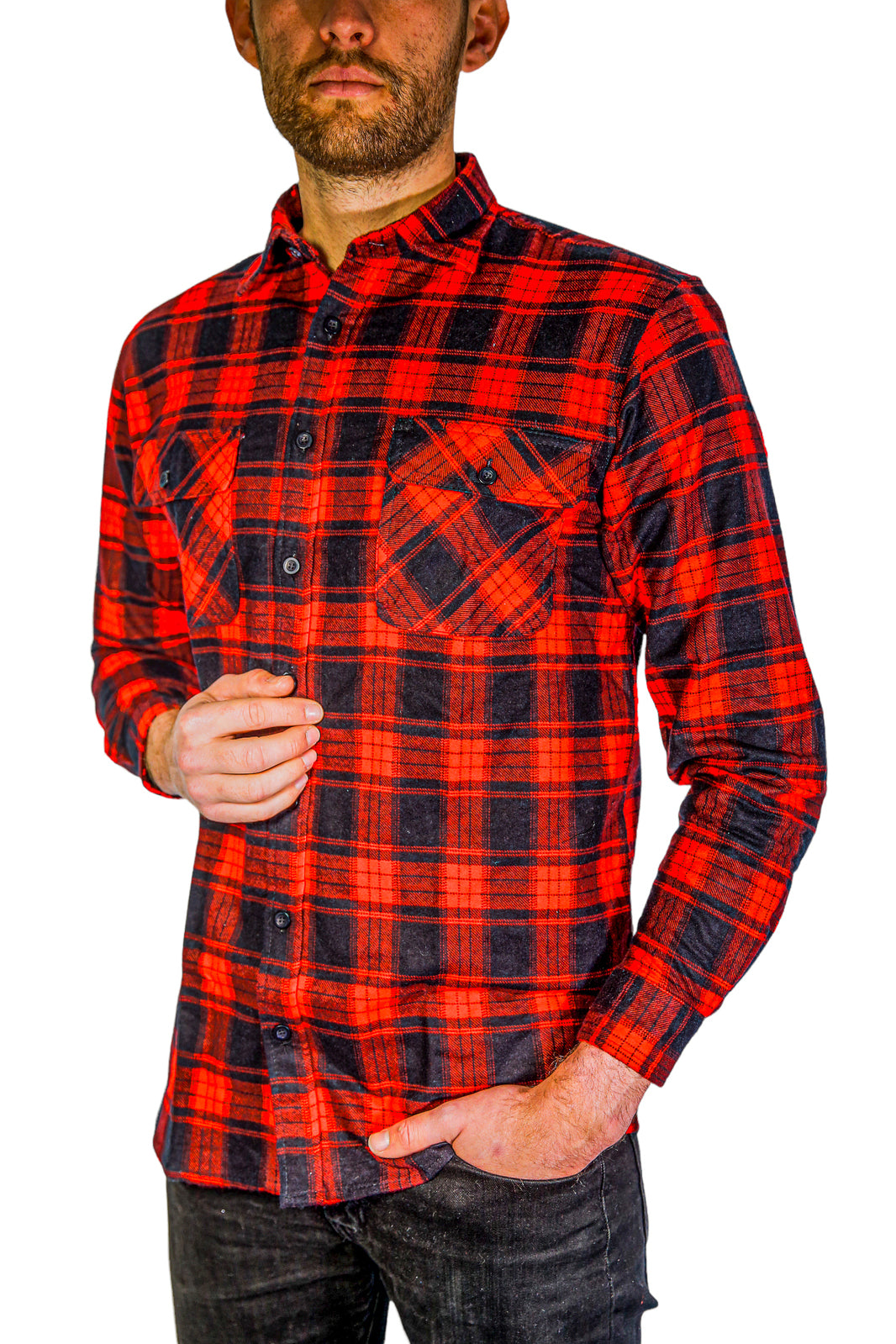 Mens Flannelette Long Sleeve Shirt 100% Cotton Check Authentic Flannel - Full Placket - Red - M