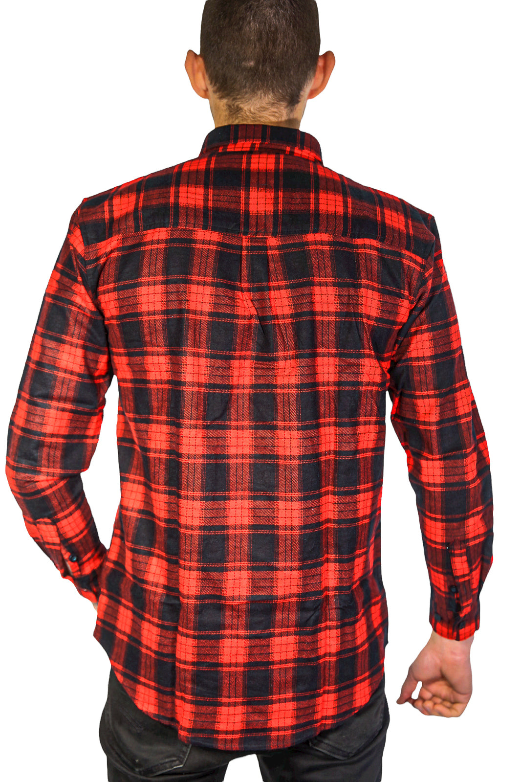 Mens Flannelette Long Sleeve Shirt 100% Cotton Check Authentic Flannel - Full Placket - Red - M