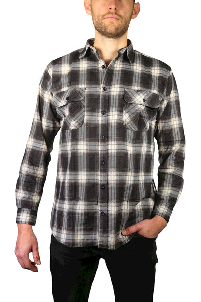 Mens Flannelette Long Sleeve Shirt 100% Cotton Check Authentic Flannel - Full Placket - Black - M