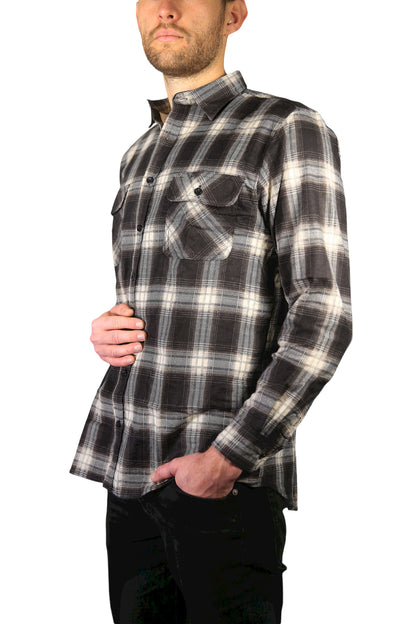 Mens Flannelette Long Sleeve Shirt 100% Cotton Check Authentic Flannel - Full Placket - Black - M