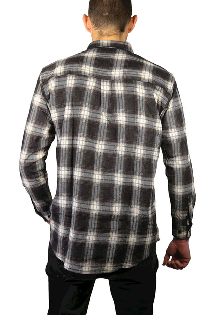 Mens Flannelette Long Sleeve Shirt 100% Cotton Check Authentic Flannel - Full Placket - Black - XL