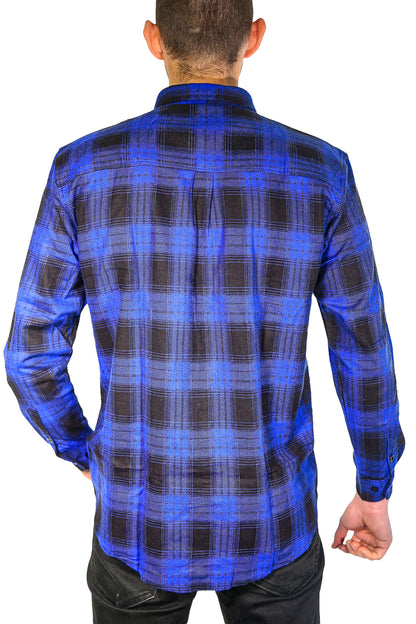 Mens Flannelette Long Sleeve Shirt 100% Cotton Check Authentic Flannel - Full Placket - Royal Blue - M