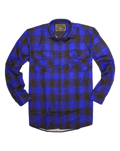 Mens Flannelette Long Sleeve Shirt 100% Cotton Check Authentic Flannel - Full Placket - Royal Blue - M