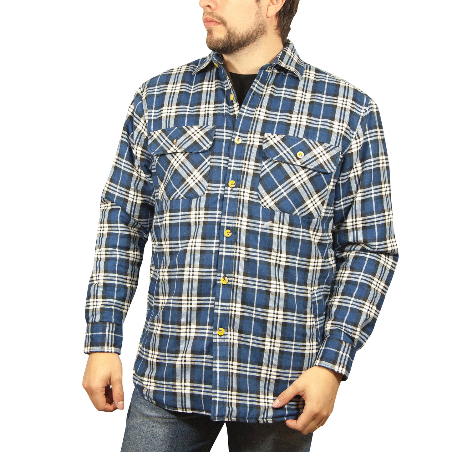 Mens Flannelette Long Sleeve Shirt 100% Cotton Check - Full Placket - Spanish Blue - L