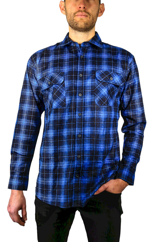 Mens 100% Cotton Flannelette Shirt Long Sleeve Check Authentic Flannel - Blue - L