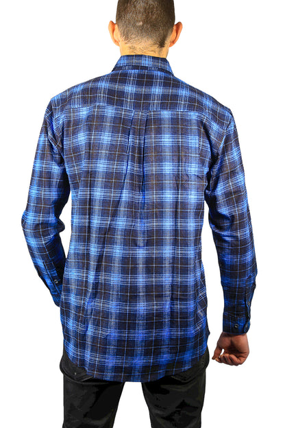 Mens 100% Cotton Flannelette Shirt Long Sleeve Check Authentic Flannel - Blue - L