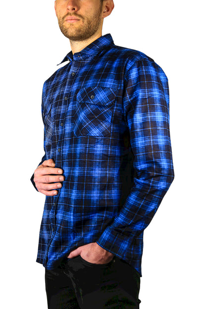 Mens 100% Cotton Flannelette Shirt Long Sleeve Check Authentic Flannel - Blue - L