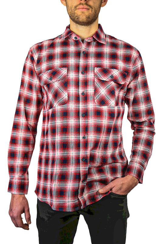 Mens 100% Cotton Flannelette Shirt Long Sleeve Check Authentic Flannel - Red/Navy - L