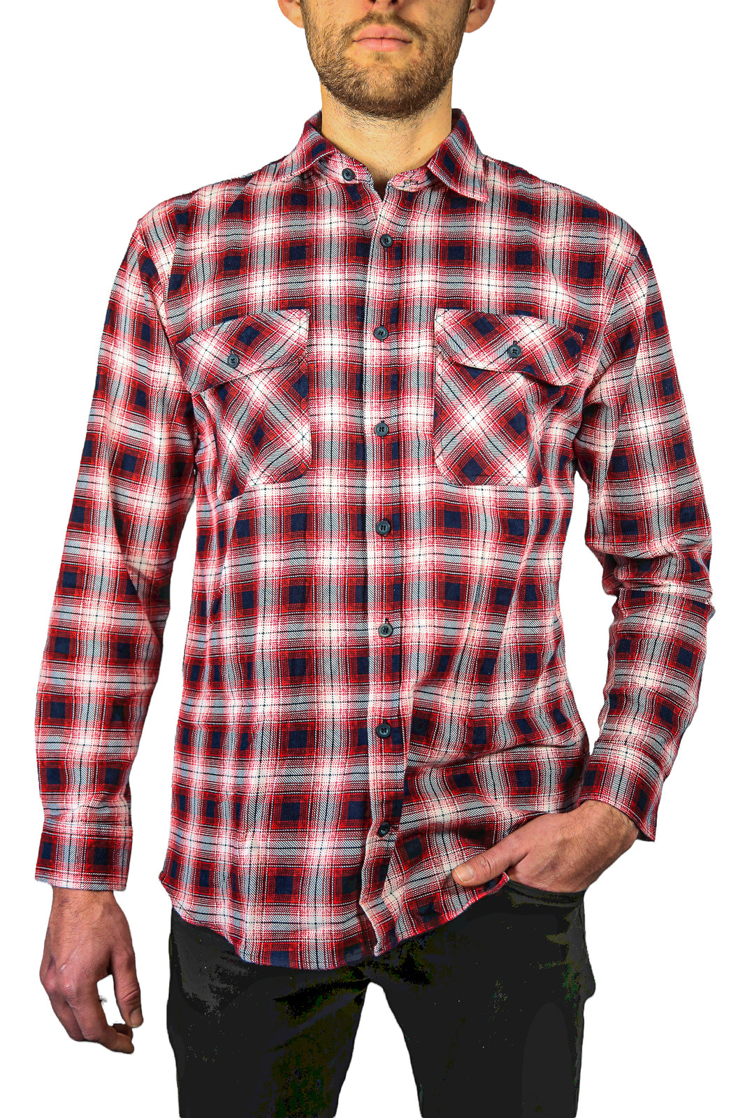 Mens 100% Cotton Flannelette Shirt Long Sleeve Check Authentic Flannel - Red/Navy - L