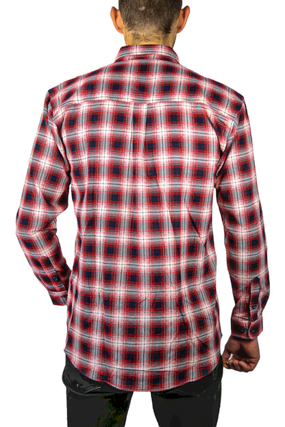 Mens 100% Cotton Flannelette Shirt Long Sleeve Check Authentic Flannel - Red/Navy - L