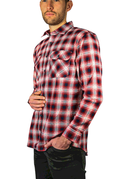 Mens 100% Cotton Flannelette Shirt Long Sleeve Check Authentic Flannel - Red/Navy - L