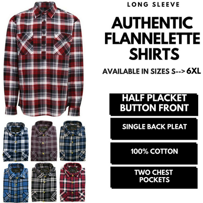 Mens Half Placket Flannelette Long Sleeve Pullover Shirt 100% Cotton Check Authentic Flannel  - Black/Purple - S