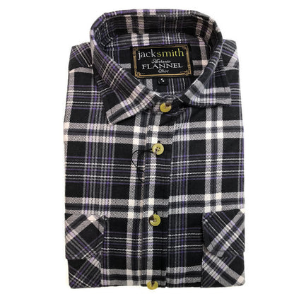 Mens Half Placket Flannelette Long Sleeve Pullover Shirt 100% Cotton Check Authentic Flannel  - Black/Purple - S