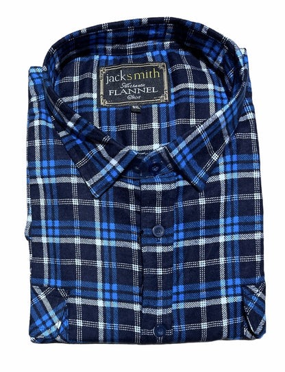 Mens Flannelette Long Sleeve Pullover Shirt 100% Cotton Flannel - Half Placket - Navy/Blue/White - M