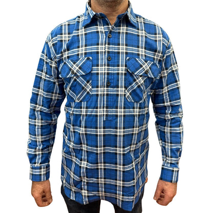 Mens Flannelette Long Sleeve Pullover Shirt 100% Cotton Flannel - Half Placket - Navy - M