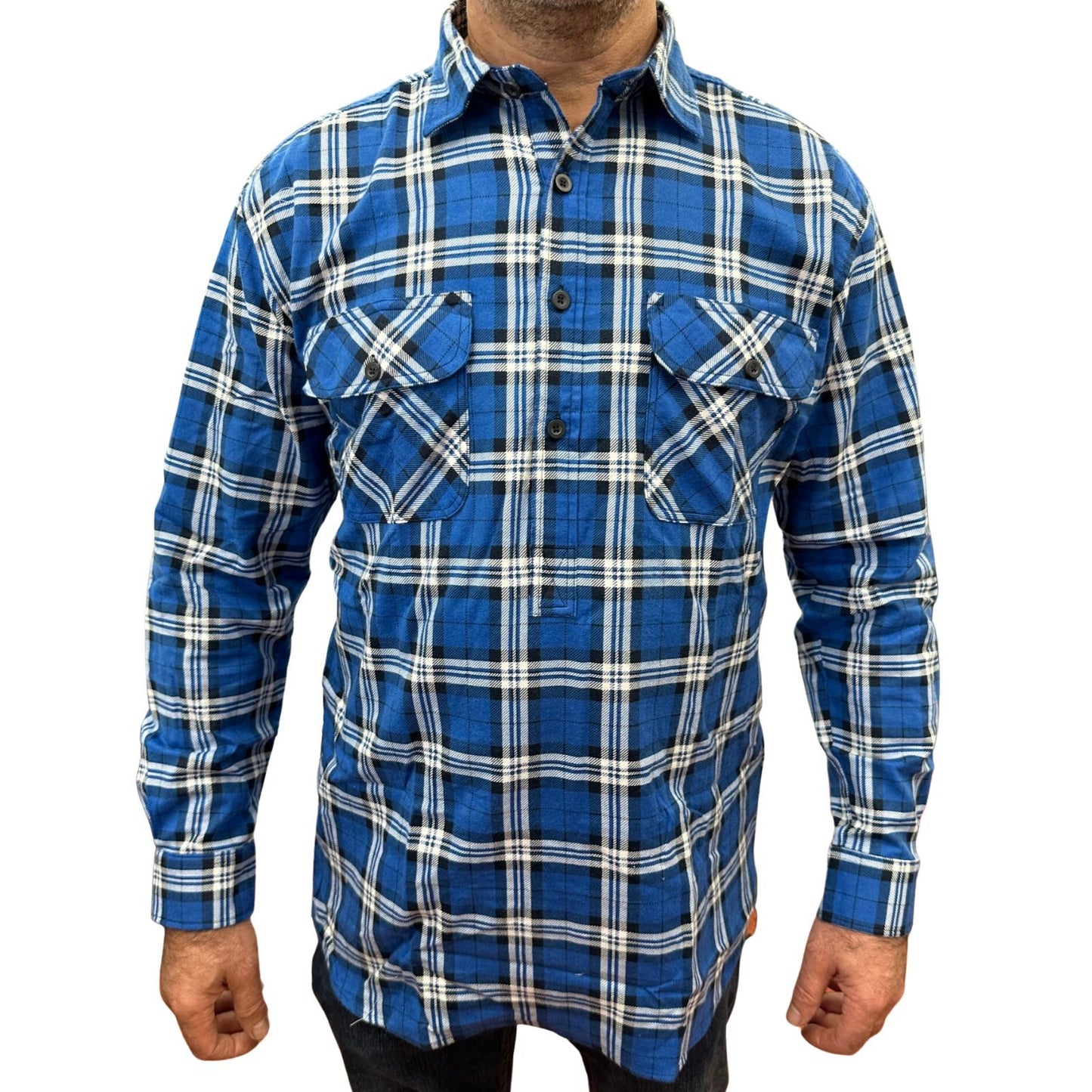 Mens Flannelette Long Sleeve Pullover Shirt 100% Cotton Flannel - Half Placket - Navy - M