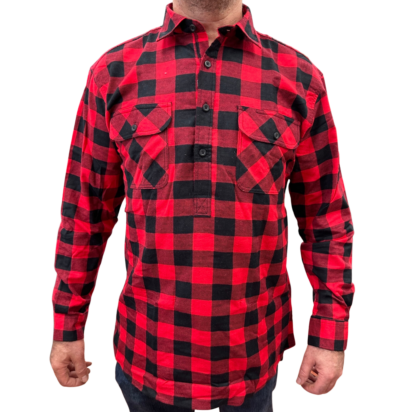 Mens Flannelette Long Sleeve Pullover Shirt 100% Cotton Flannel - Half Placket - Red/Black - M